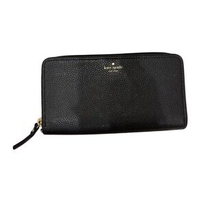 Kate Spade Black Pebbled Leather Zip Around Continental Wallet Gold Logo